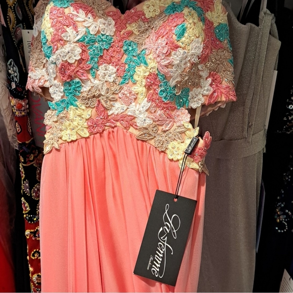 La Femme Embroidered Lace Floral Appliqué Sequins Chiffon Formal Gown Size 0 - Picture 9 of 9